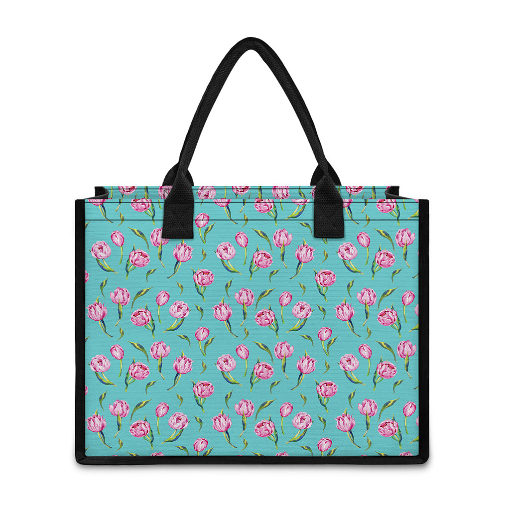 Pink Watercolor Tulip Pattern Print Canvas Tote Bag