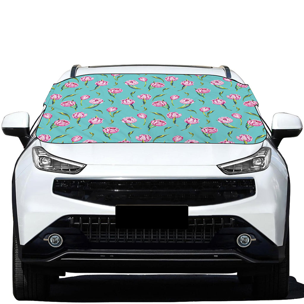 Pink Watercolor Tulip Pattern Print Car Windshield Snow Cover