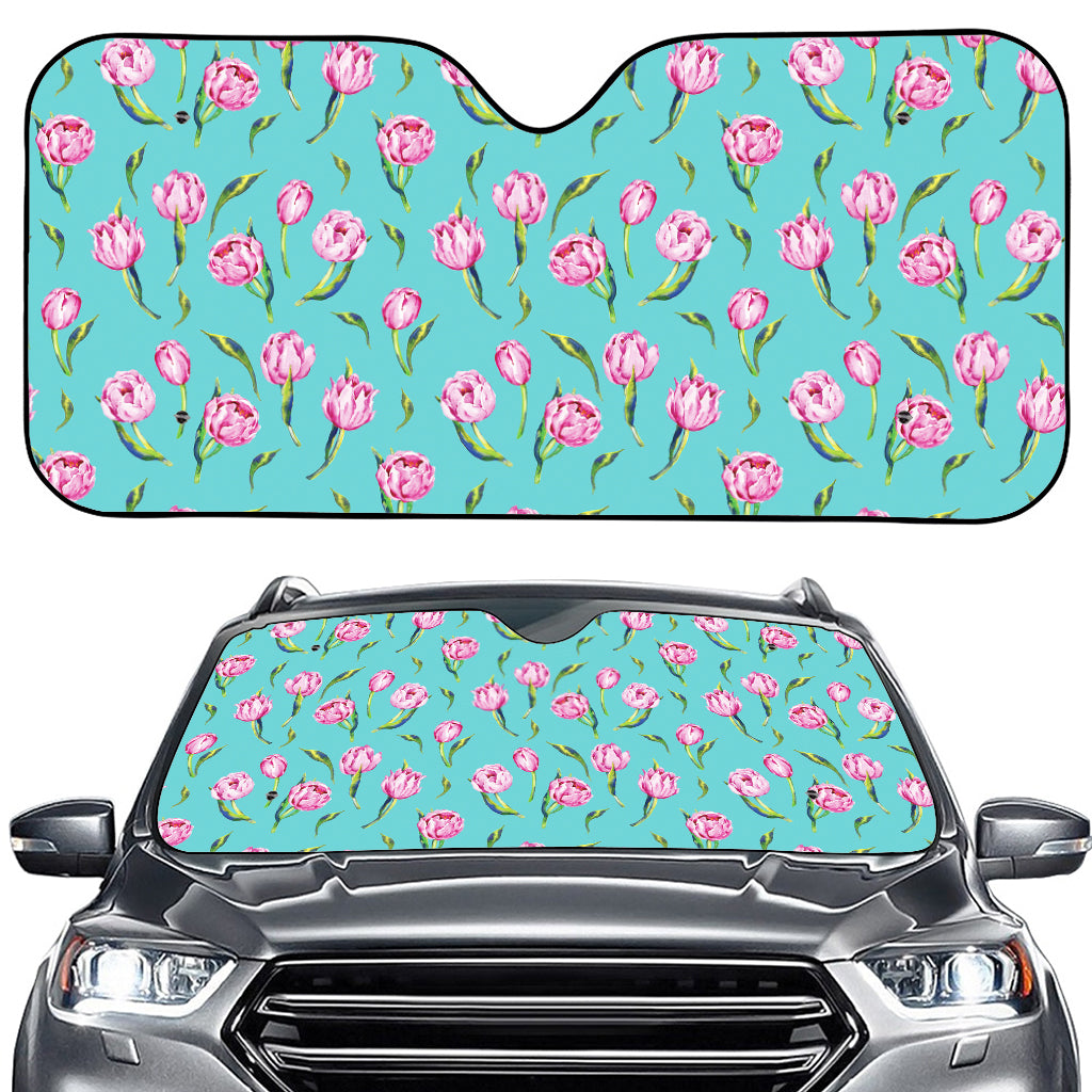 Pink Watercolor Tulip Pattern Print Car Windshield Sun Shade