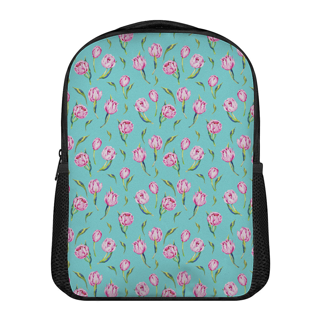 Pink Watercolor Tulip Pattern Print Casual Backpack