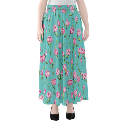 Pink Watercolor Tulip Pattern Print Chiffon Maxi Skirt