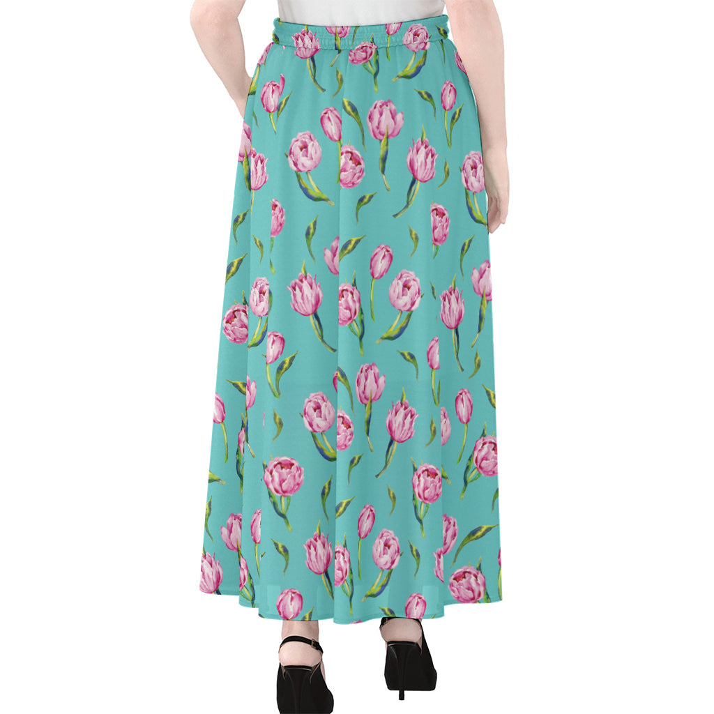 Pink Watercolor Tulip Pattern Print Chiffon Maxi Skirt