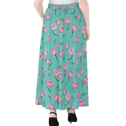 Pink Watercolor Tulip Pattern Print Chiffon Maxi Skirt