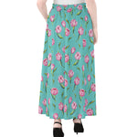 Pink Watercolor Tulip Pattern Print Chiffon Maxi Skirt