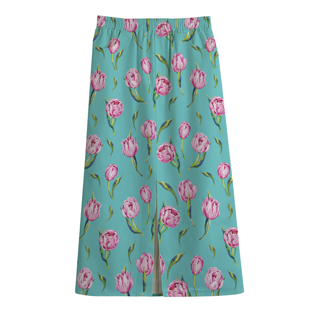 Pink Watercolor Tulip Pattern Print Cotton Front Slit Maxi Skirt