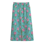 Pink Watercolor Tulip Pattern Print Cotton Front Slit Maxi Skirt