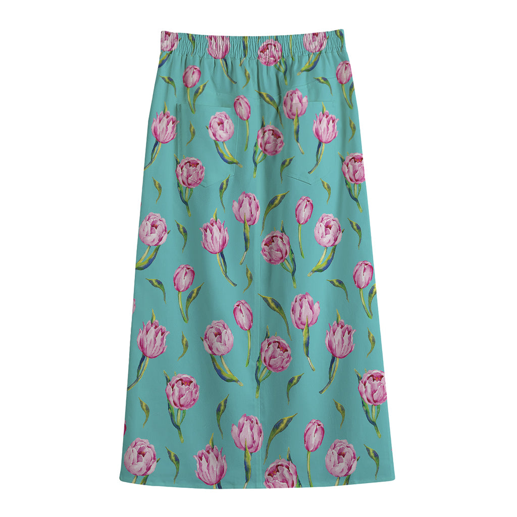 Pink Watercolor Tulip Pattern Print Cotton Front Slit Maxi Skirt