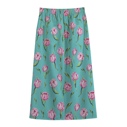 Pink Watercolor Tulip Pattern Print Cotton Front Slit Maxi Skirt