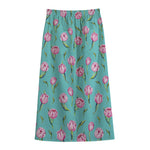 Pink Watercolor Tulip Pattern Print Cotton Front Slit Maxi Skirt