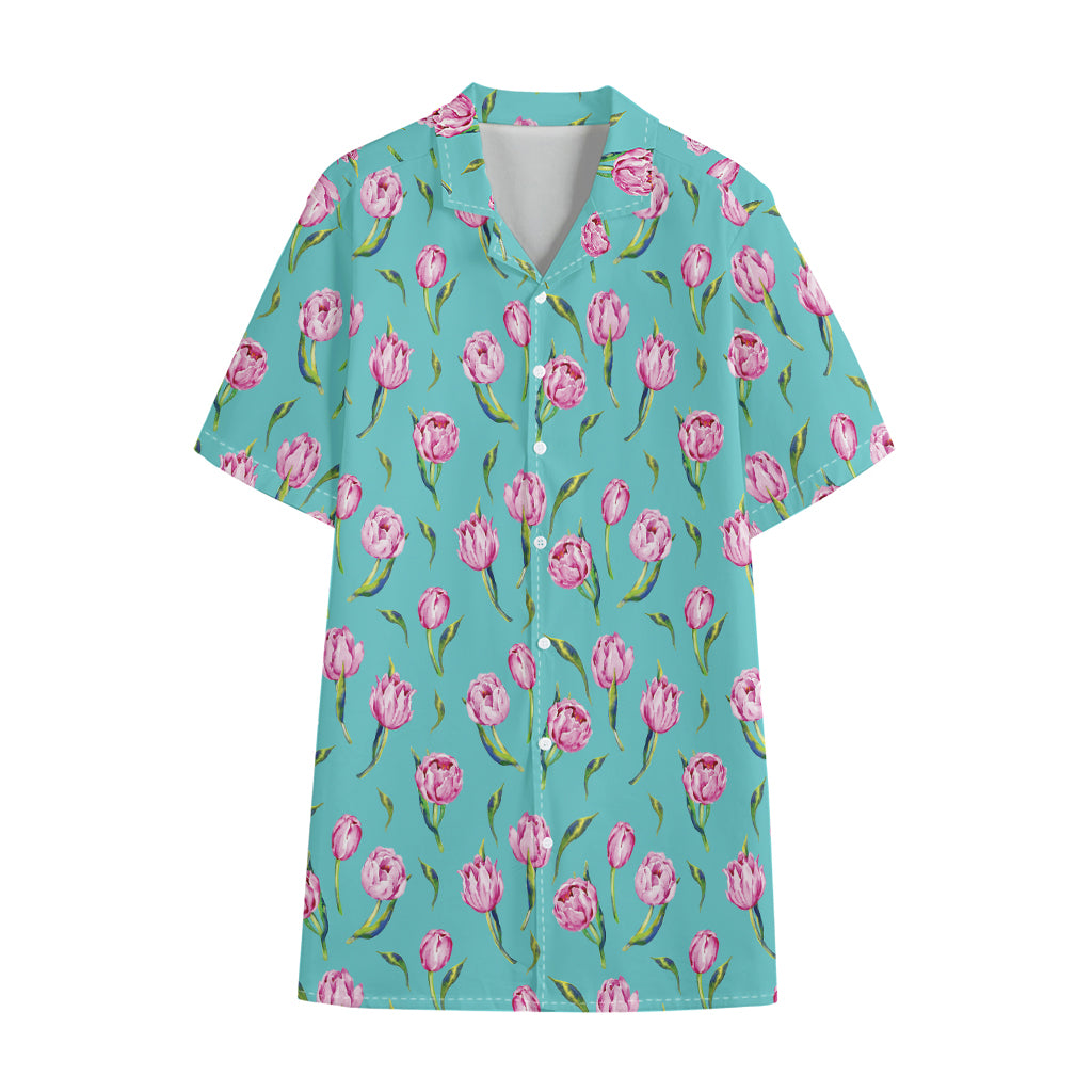 Pink Watercolor Tulip Pattern Print Cotton Hawaiian Shirt
