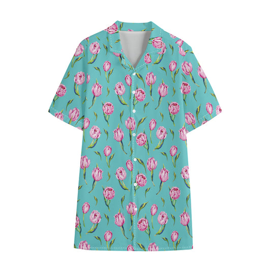Pink Watercolor Tulip Pattern Print Cotton Hawaiian Shirt