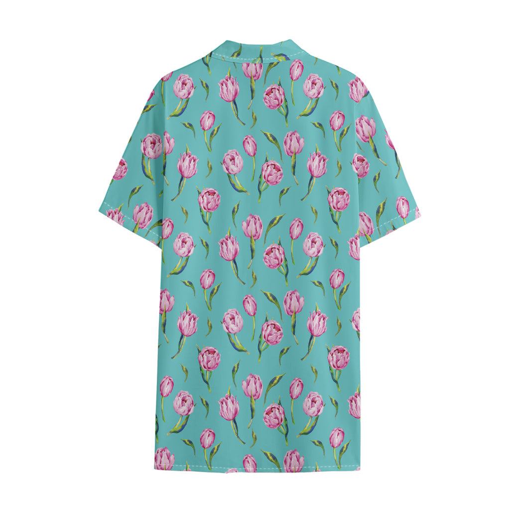 Pink Watercolor Tulip Pattern Print Cotton Hawaiian Shirt