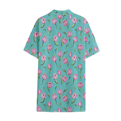 Pink Watercolor Tulip Pattern Print Cotton Hawaiian Shirt