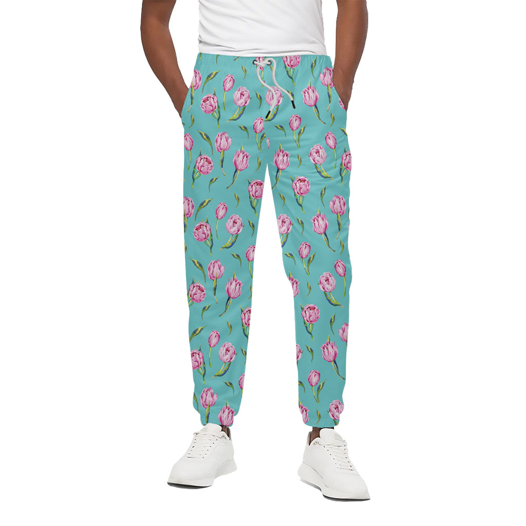 Pink Watercolor Tulip Pattern Print Cotton Pants