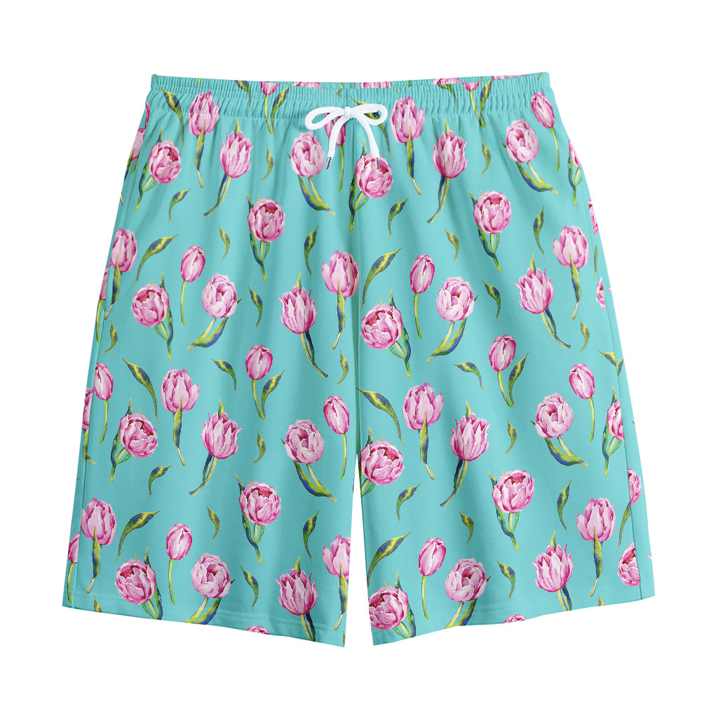 Pink Watercolor Tulip Pattern Print Cotton Shorts