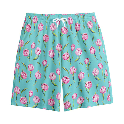 Pink Watercolor Tulip Pattern Print Cotton Shorts