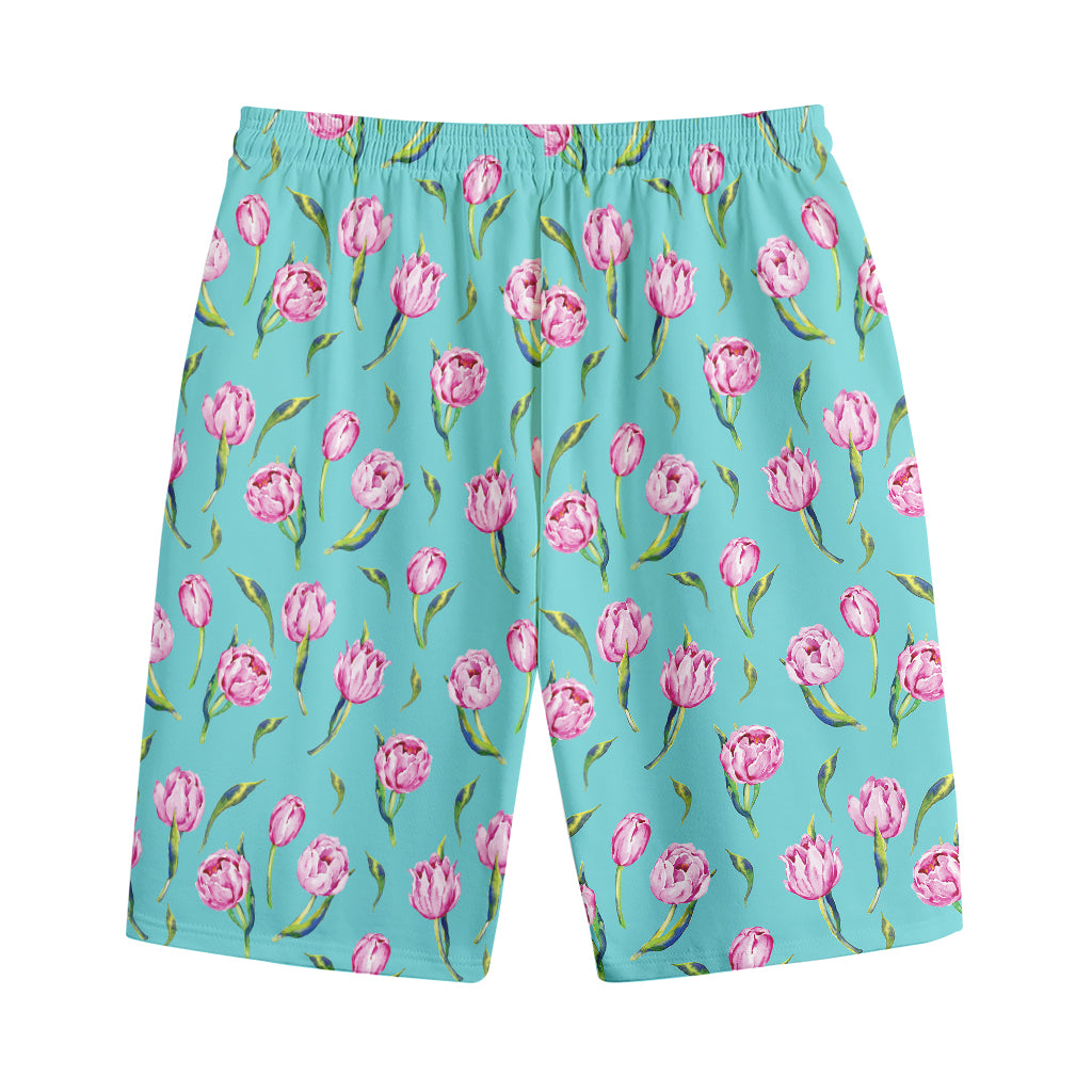 Pink Watercolor Tulip Pattern Print Cotton Shorts