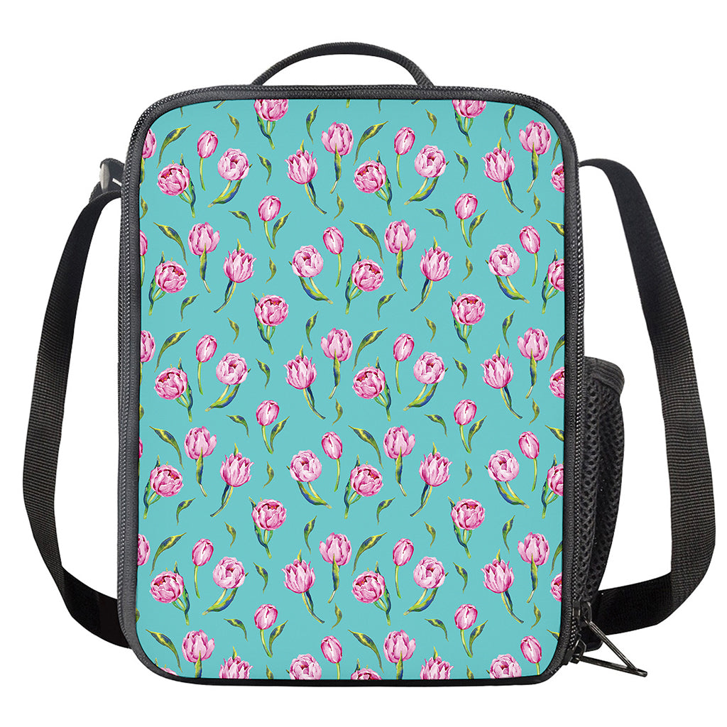 Pink Watercolor Tulip Pattern Print Crossbody Lunch Bag