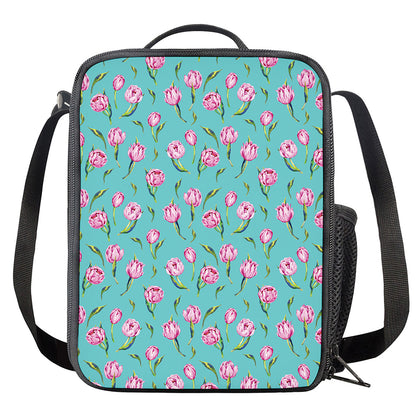Pink Watercolor Tulip Pattern Print Crossbody Lunch Bag