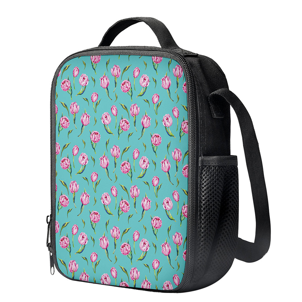 Pink Watercolor Tulip Pattern Print Crossbody Lunch Bag
