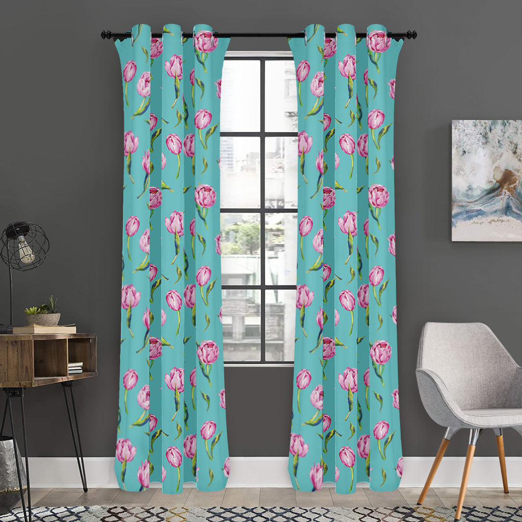 Pink Watercolor Tulip Pattern Print Curtain