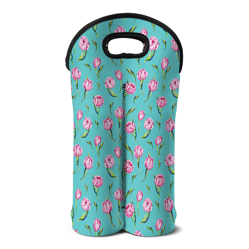 Pink Watercolor Tulip Pattern Print Double Neoprene Wine Tote