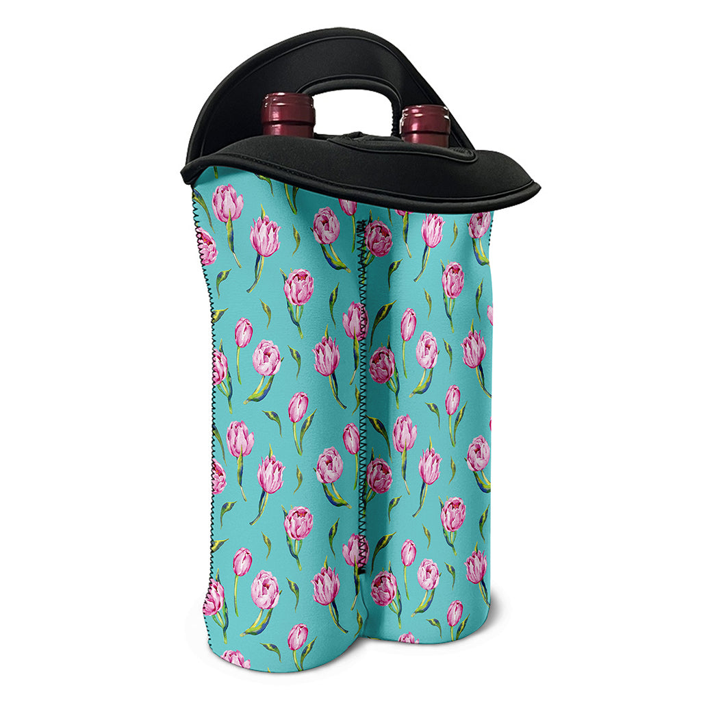 Pink Watercolor Tulip Pattern Print Double Neoprene Wine Tote