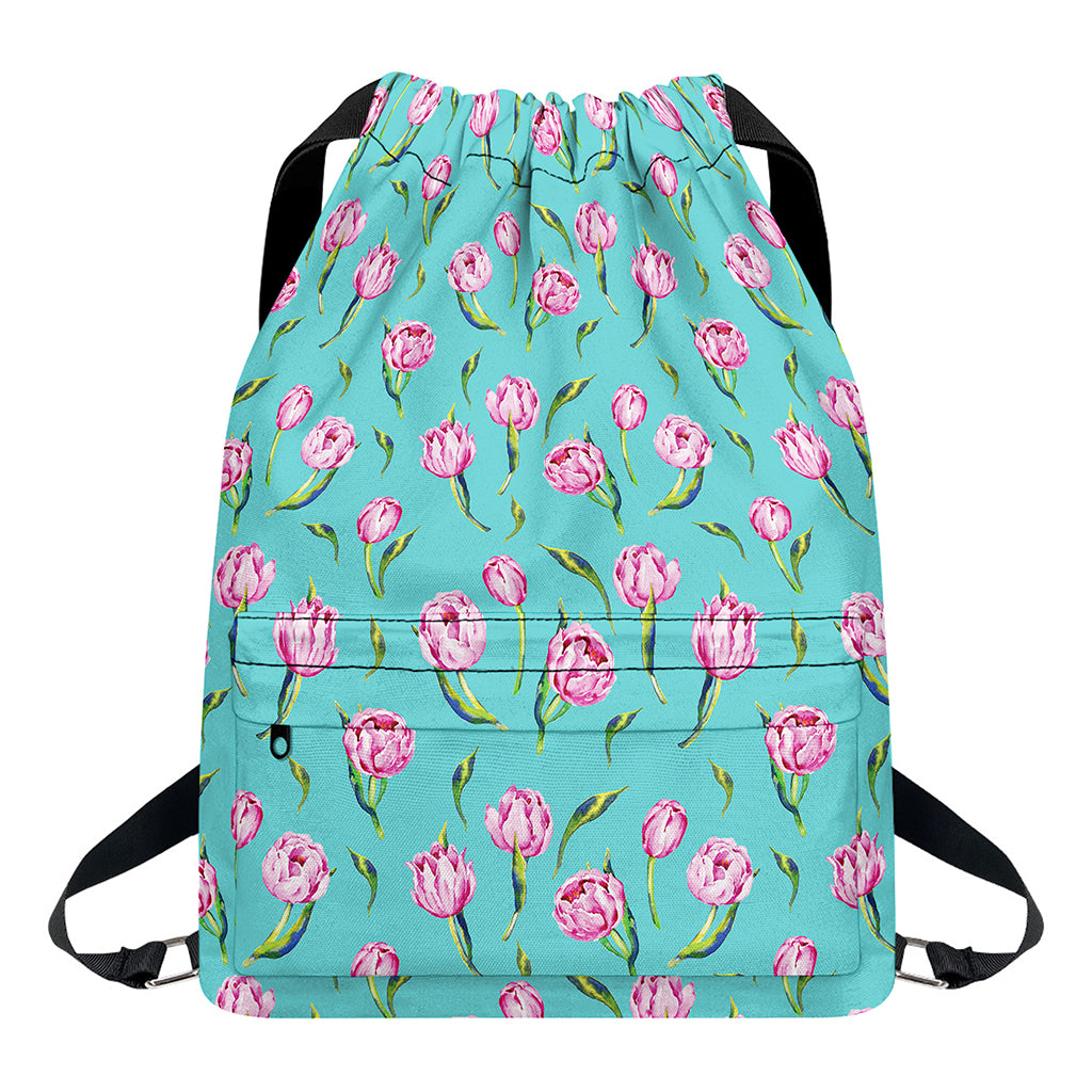 Pink Watercolor Tulip Pattern Print Drawstring Backpack