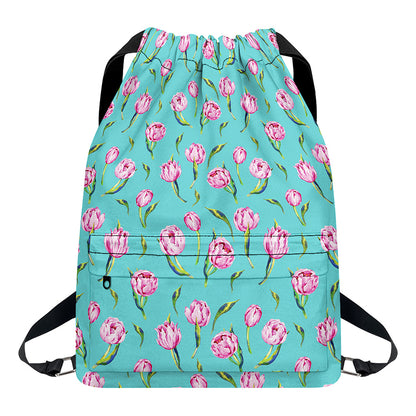 Pink Watercolor Tulip Pattern Print Drawstring Backpack
