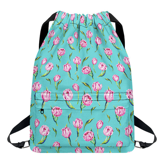 Pink Watercolor Tulip Pattern Print Drawstring Backpack