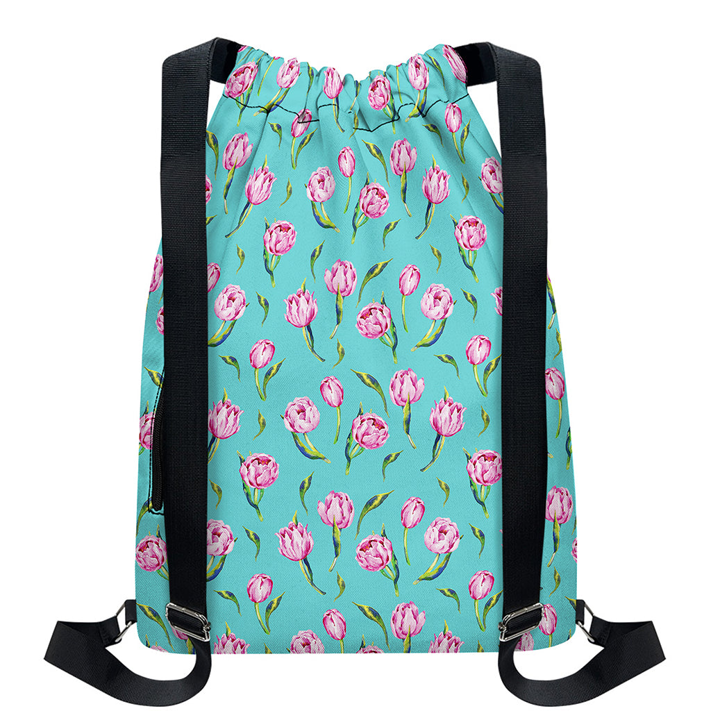 Pink Watercolor Tulip Pattern Print Drawstring Backpack
