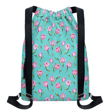 Pink Watercolor Tulip Pattern Print Drawstring Backpack