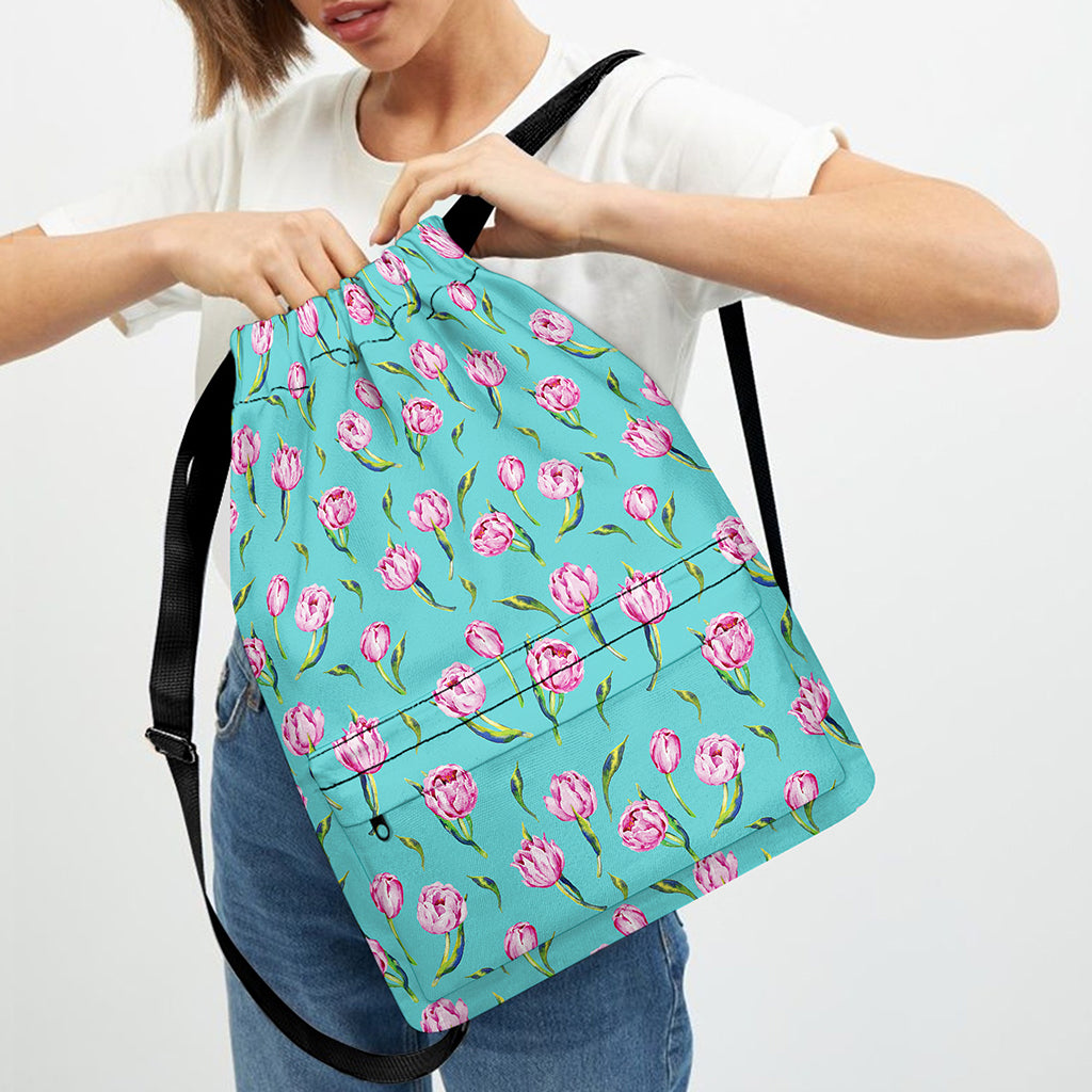 Pink Watercolor Tulip Pattern Print Drawstring Backpack