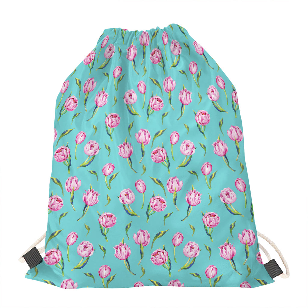 Pink Watercolor Tulip Pattern Print Drawstring Bag