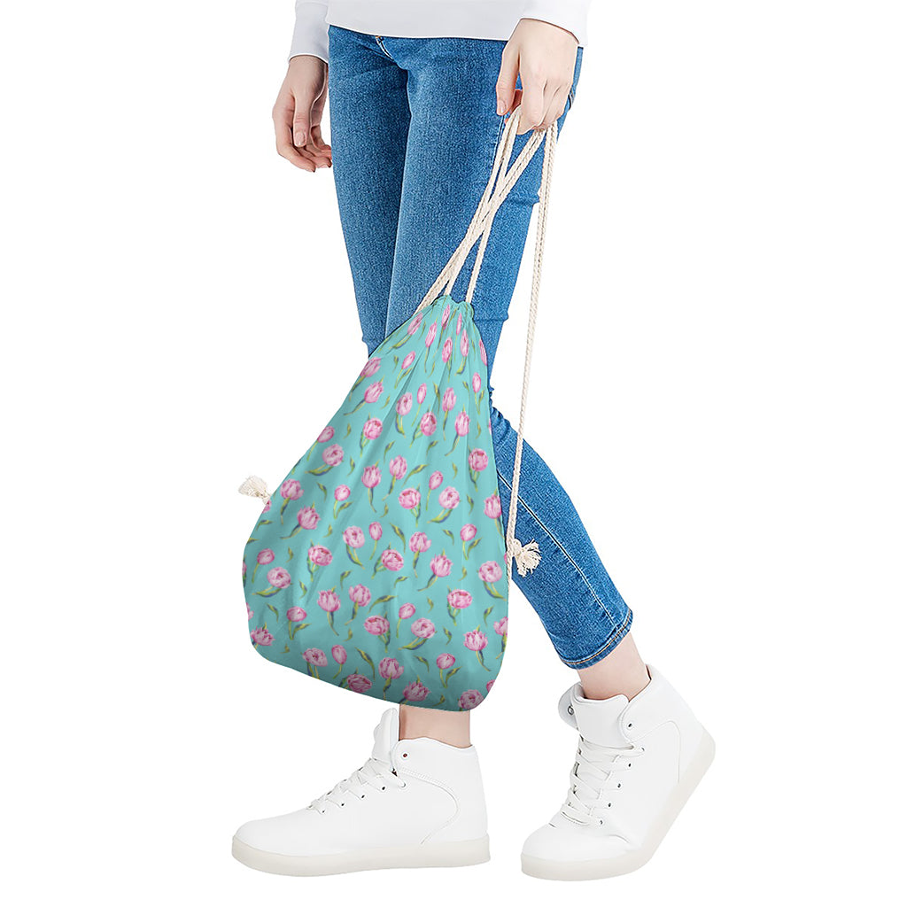 Pink Watercolor Tulip Pattern Print Drawstring Bag