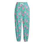 Pink Watercolor Tulip Pattern Print Fleece Lined Knit Pants