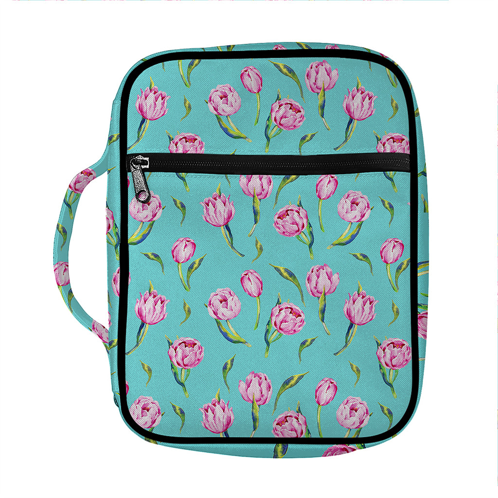 Pink Watercolor Tulip Pattern Print Front Pocket Bible Bag