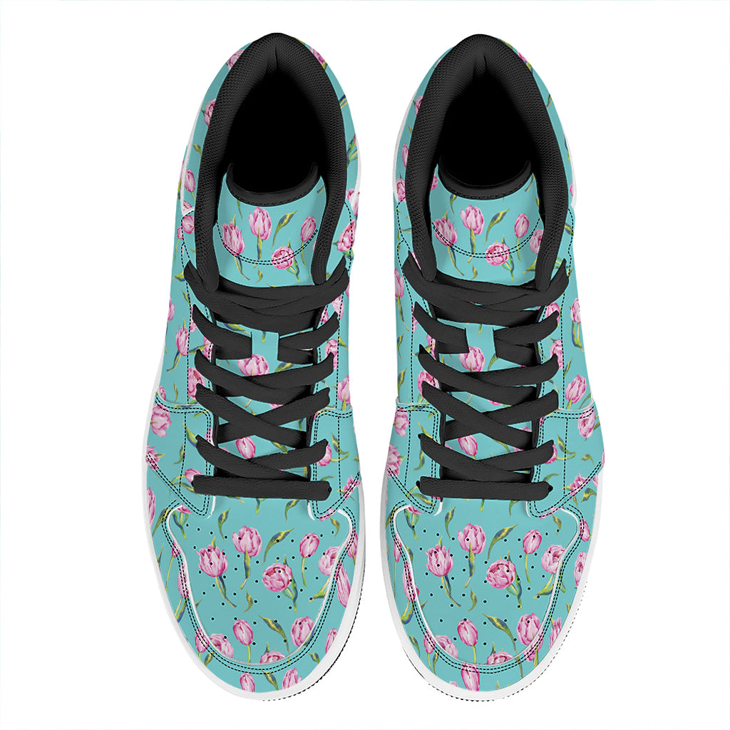 Pink Watercolor Tulip Pattern Print High Top Leather Sneakers