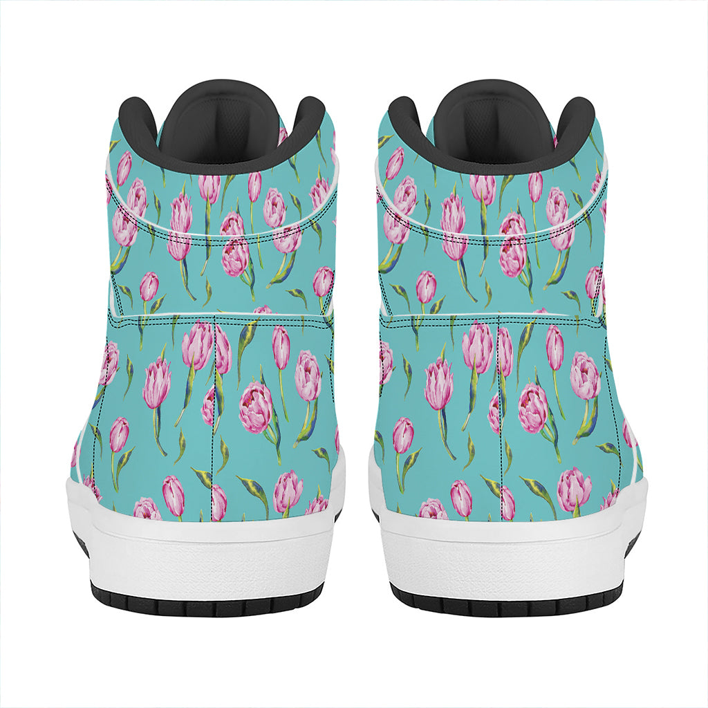 Pink Watercolor Tulip Pattern Print High Top Leather Sneakers