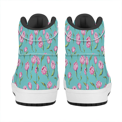 Pink Watercolor Tulip Pattern Print High Top Leather Sneakers