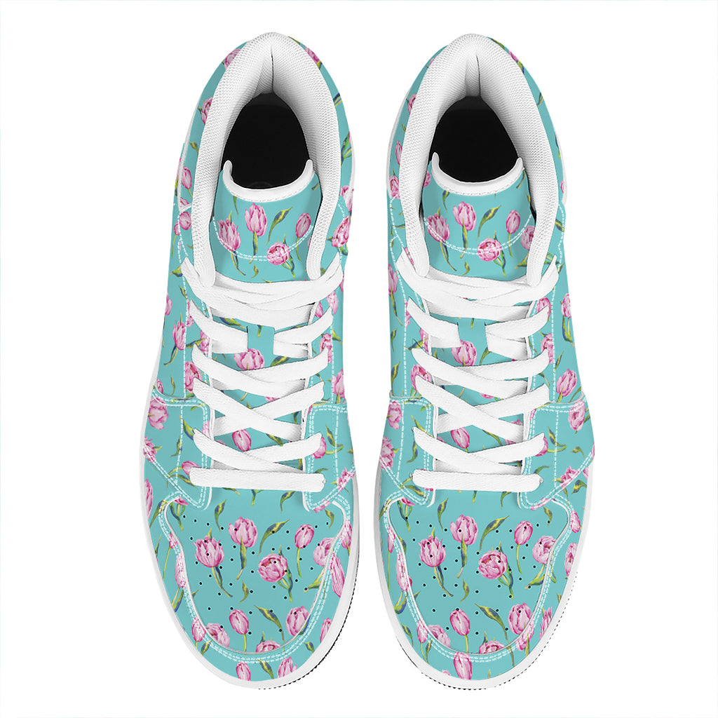 Pink Watercolor Tulip Pattern Print High Top Leather Sneakers