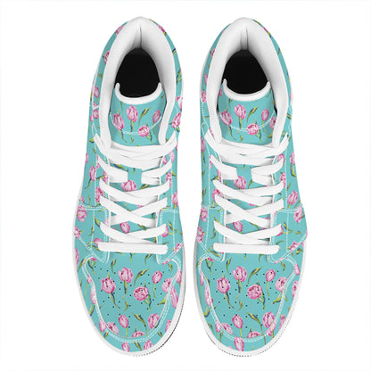 Pink Watercolor Tulip Pattern Print High Top Leather Sneakers
