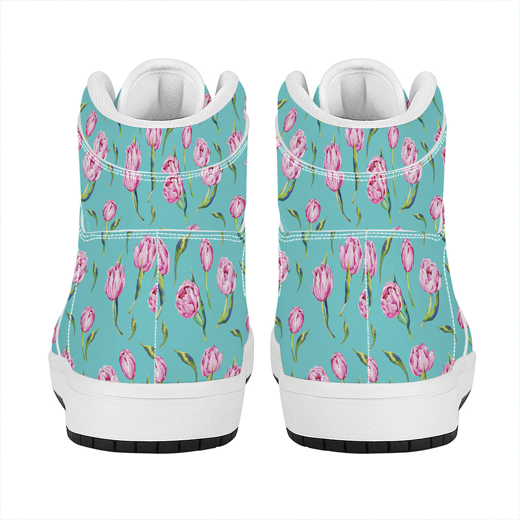 Pink Watercolor Tulip Pattern Print High Top Leather Sneakers
