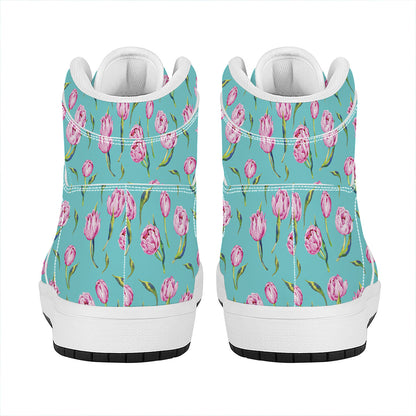 Pink Watercolor Tulip Pattern Print High Top Leather Sneakers