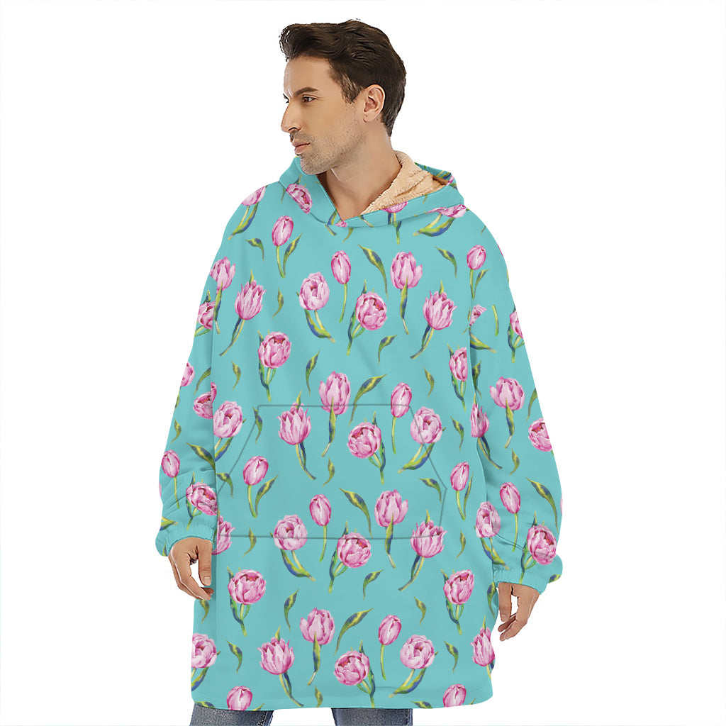 Pink Watercolor Tulip Pattern Print Hoodie Blanket
