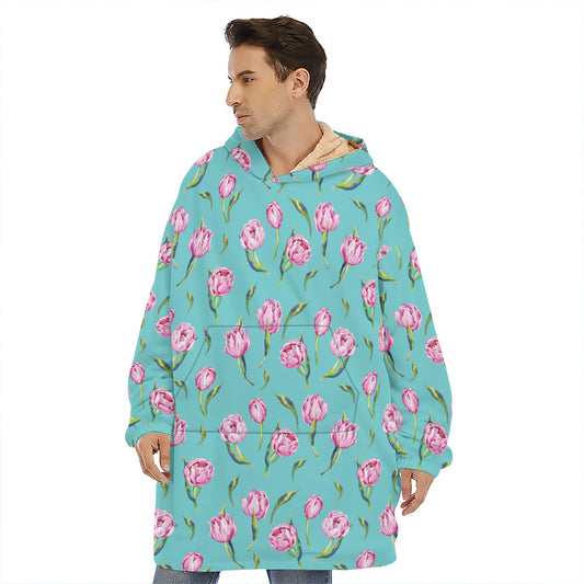 Pink Watercolor Tulip Pattern Print Hoodie Blanket