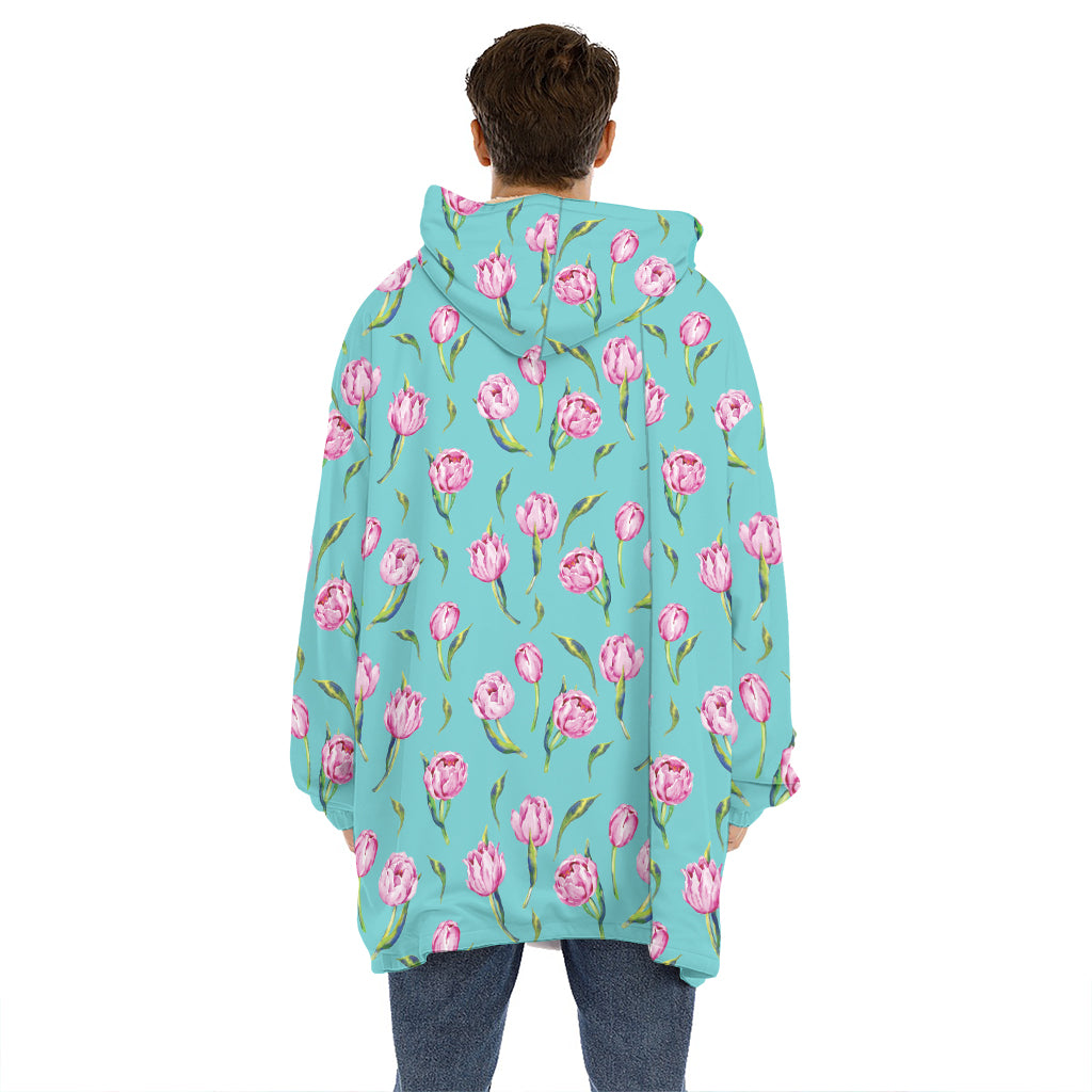 Pink Watercolor Tulip Pattern Print Hoodie Blanket