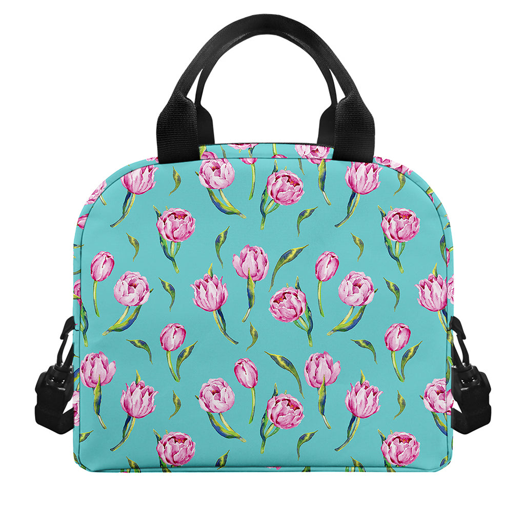Pink Watercolor Tulip Pattern Print Insulated Lunch Bag