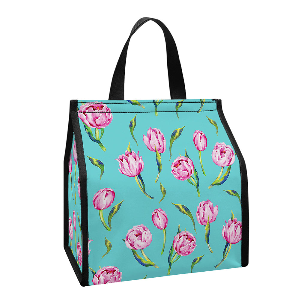 Pink Watercolor Tulip Pattern Print Insulated Lunch Tote
