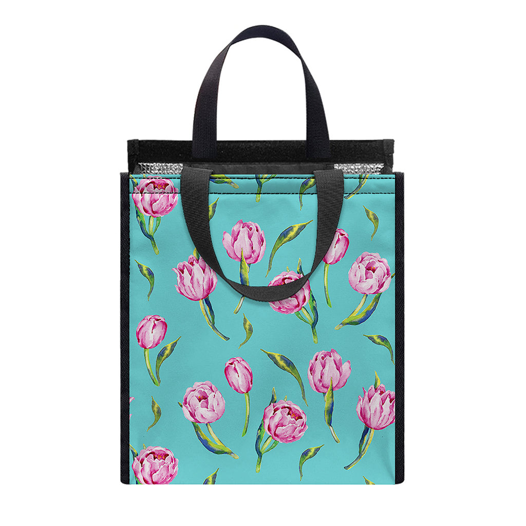 Pink Watercolor Tulip Pattern Print Insulated Lunch Tote